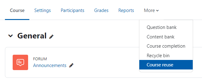 The more menu with course reuse highlighted