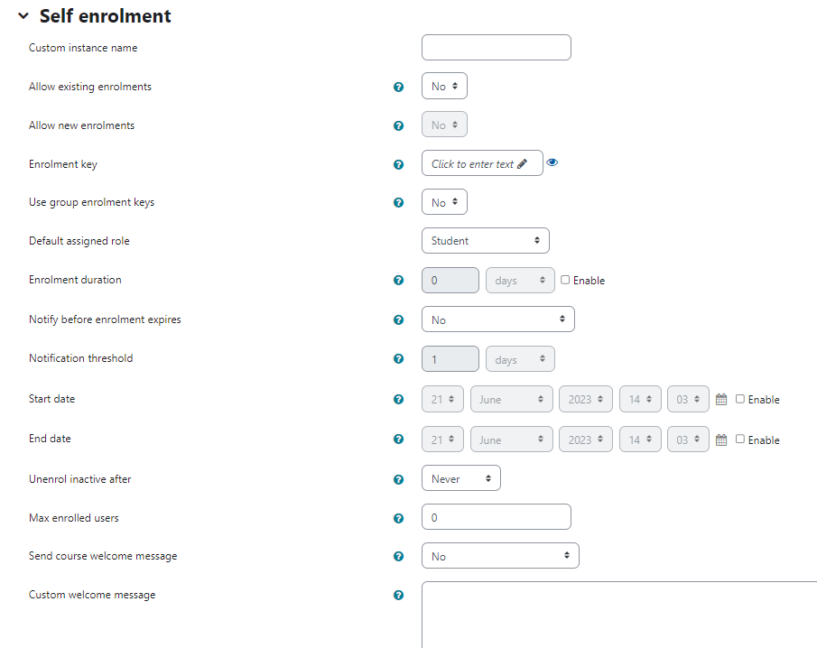 A list of options available under the self enrolment tab