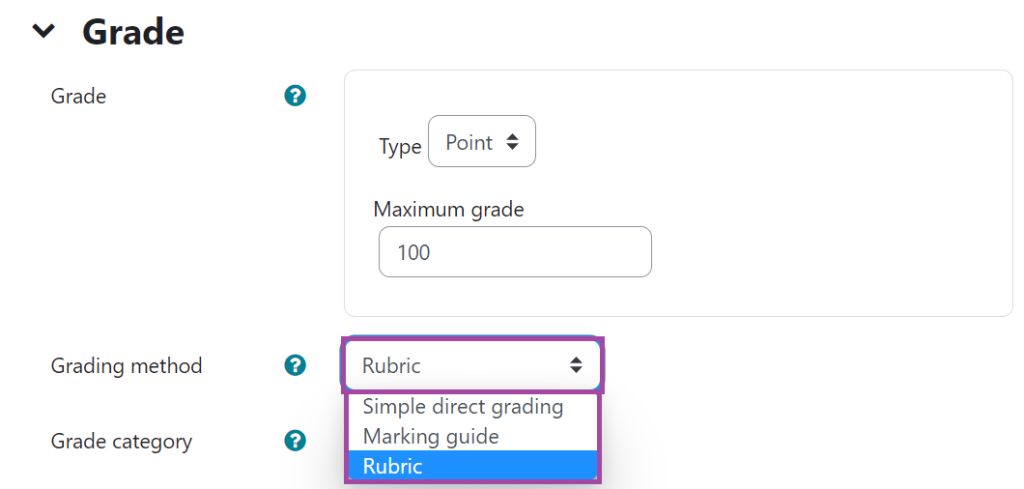 Screenshot of the 'Grading method' drop-down list (highlighted) under the settings of a submission point.