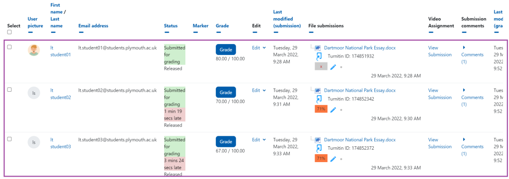 Screenshot of the Grading table (highlighted) under a submission point.