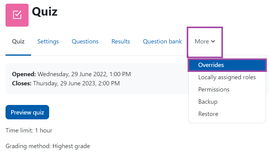 Screenshot of the display of the 'More' drop-down menu (highlighted) under a Moodle quiz.