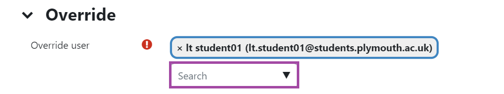 Screenshot of the display of the Search box (highlighted) under the User overrides of a 'Moodle quiz.