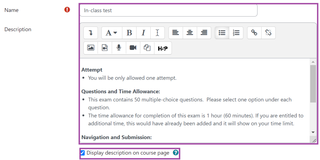 Screenshot of the display of the general settings (highlighted) in a Moodle quiz.