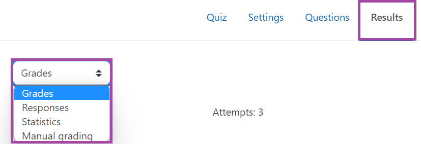 Screenshot of the display of the 'Results' menu (highlighted) and the 'Grades' drop-down list (highlighted) in a Moodle quiz.