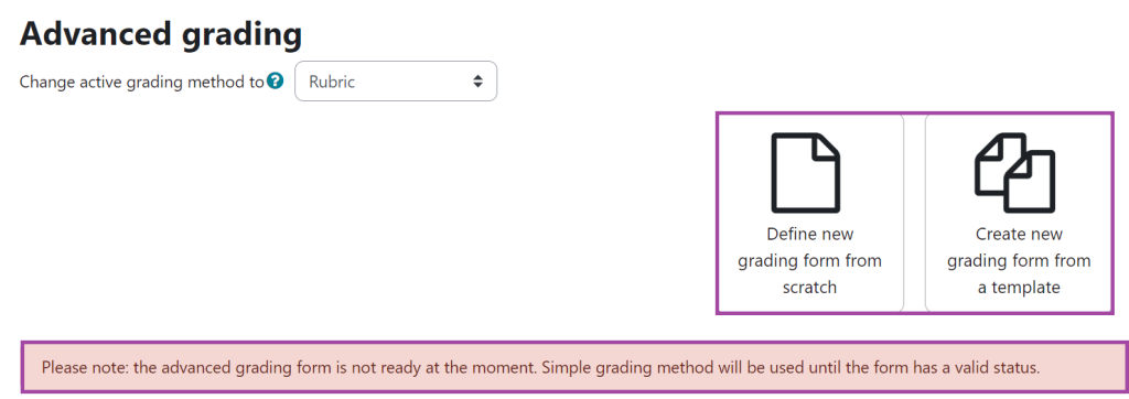 Screenshot of the rubric form setup stage (highlighted) under a submission point.