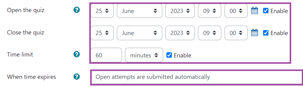 Screenshot of the display of the time availability settings (highlighted) in a Moodle quiz.