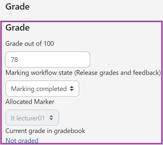 Screenshot of the 'Grade' section (highlighted) in the Grading window of a student submission.