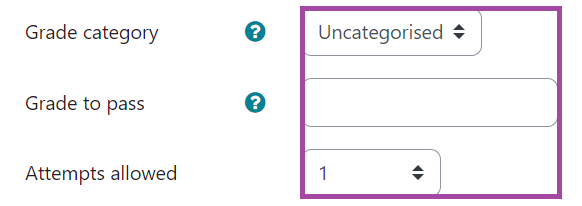 Screenshot of the display of the grade settings (highlighted) in a Moodle quiz.