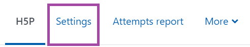 Screenshot of the display of the 'Settings' menu (highlighted) under an H5P activity.