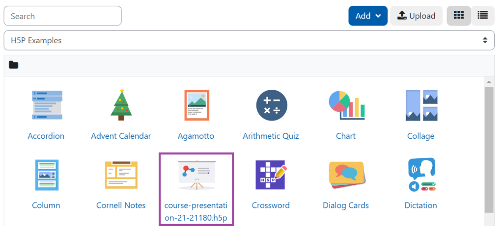 Screenshot of the display of the H5P object list in a DLE page (highlighted: 'course-presentation').