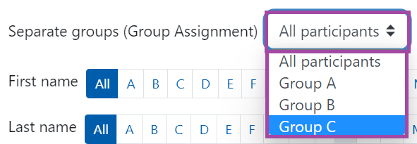 Screenshot of the 'Separate groups' drop-down list (highlighted) under the Grading table of a submission point.