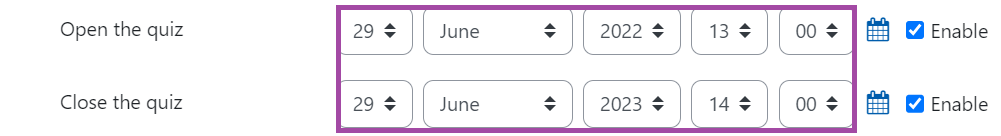 Screenshot of the display of the date/time window settings (highlighted) under the User overrides of a Moodle quiz.