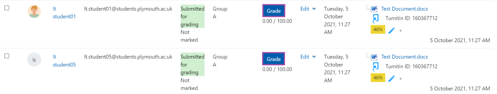 Screenshot of the blue 'Grade' button (highlighted) next to group submissions.