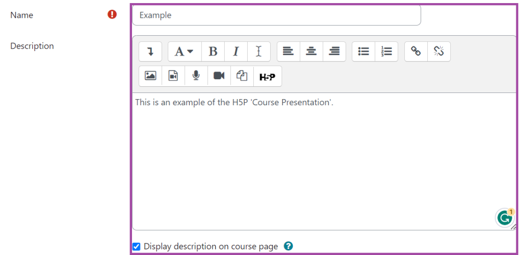 Screenshot of the display of the general settings (highlighted) in an H5P activity.