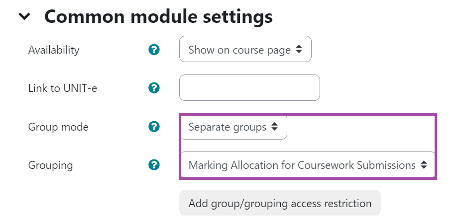 Screenshot of the 'Group mode' and the 'Grouping' settings (highlighted) under the settings of a submission point.