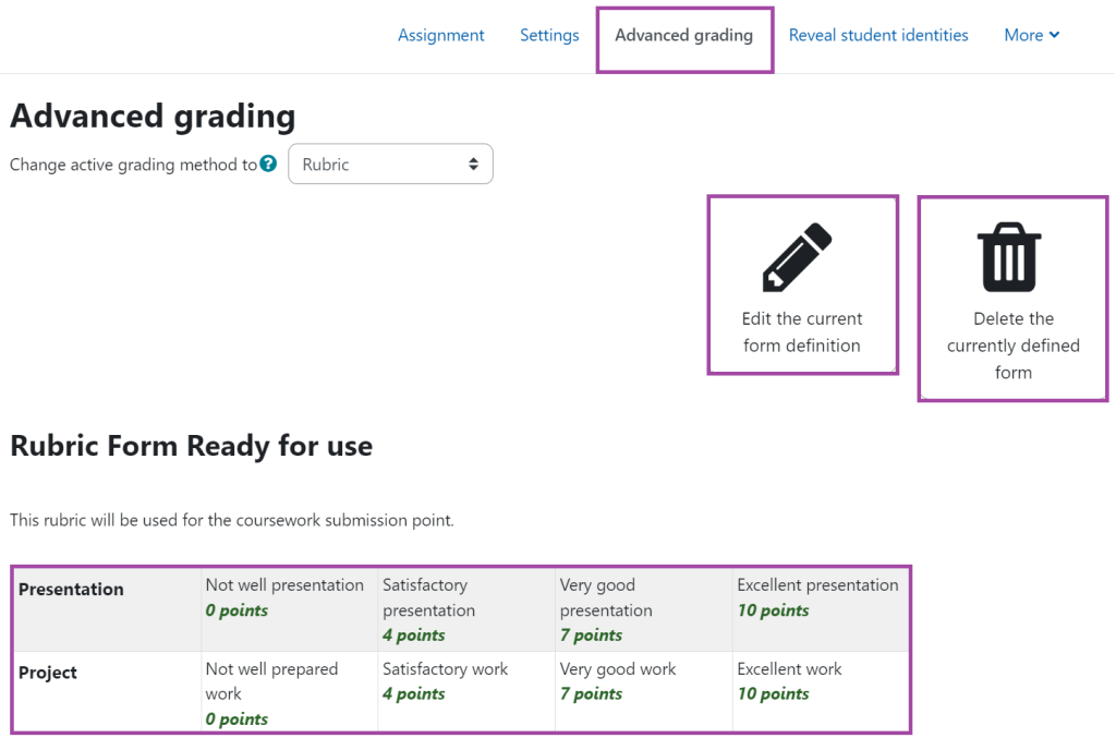 Screenshot of the 'Advanced grading' menu (highlighted) under a submission point.