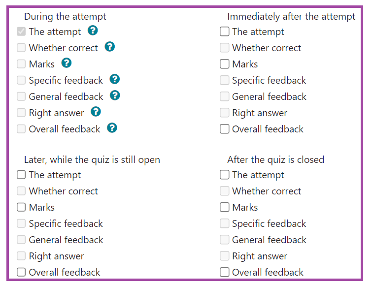 Screenshot of the display of the review option settings (highlighted) in a Moodle quiz.