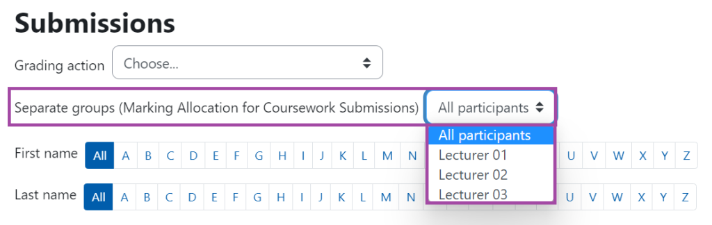 Screenshot of the 'Separate groups' setting (highlighted) under a submission point that uses marking allocations.