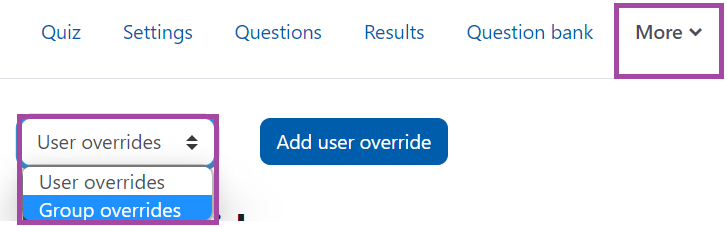 Screenshot of the display of the Group overrides option (highlighted) of a Moodle quiz.