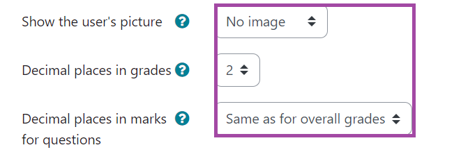 Screenshot of the display of the appearance settings (highlighted) in a Moodle quiz.