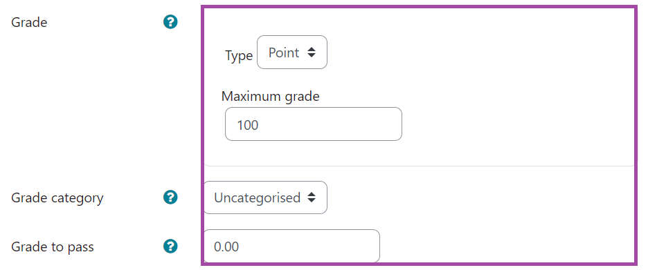 Screenshot of the display of the grade settings (highlighted) of an H5P activity.