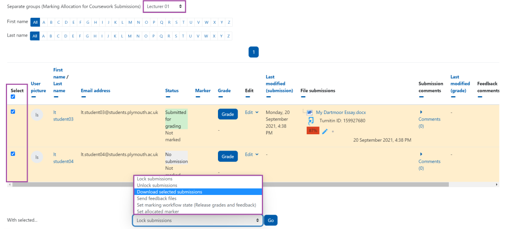 Screenshot of downloading student submissions (highlighted) under a submission point that uses marker allocations.