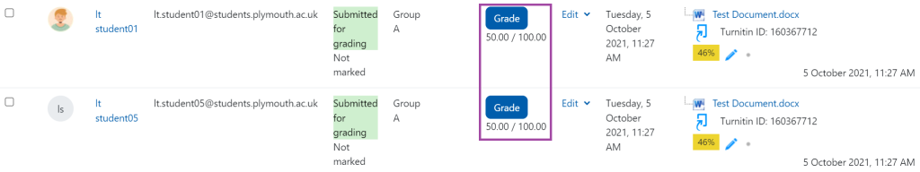 Screenshot of the grades (highlighted) that have been added to each submission under a group submission point.