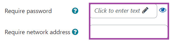 Screenshot of the display of the Safe Exam browser settings (highlighted) in a Moodle quiz.