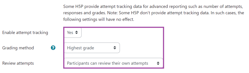Screenshot of the display of the attempt settings (highlighted) in an H5P activity.