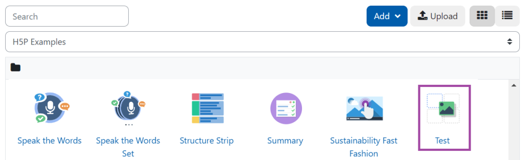 Screenshot of the display of the H5P list of a Content bank (highlighted: 'Test' Drag and Drop H5P object).