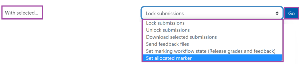Screenshot of the 'With selected...' drop-down list (highlighted) and the 'Go' button (highlighted) under a submission point.