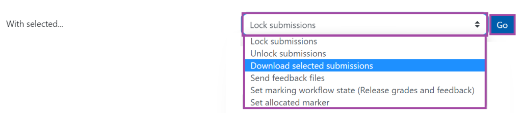 Screenshot of the 'With selected...' drop-down list (highlighted) under the Grading table of a submission point.