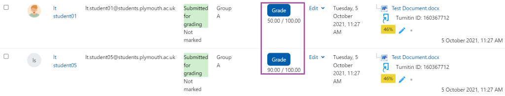 Screenshot of the grades (highlighted) that have been added to each submission under a group submission point.