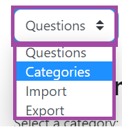 Screenshot of the display of the 'Questions' drop-down list (highlighted) in a Question bank of a DLE course.