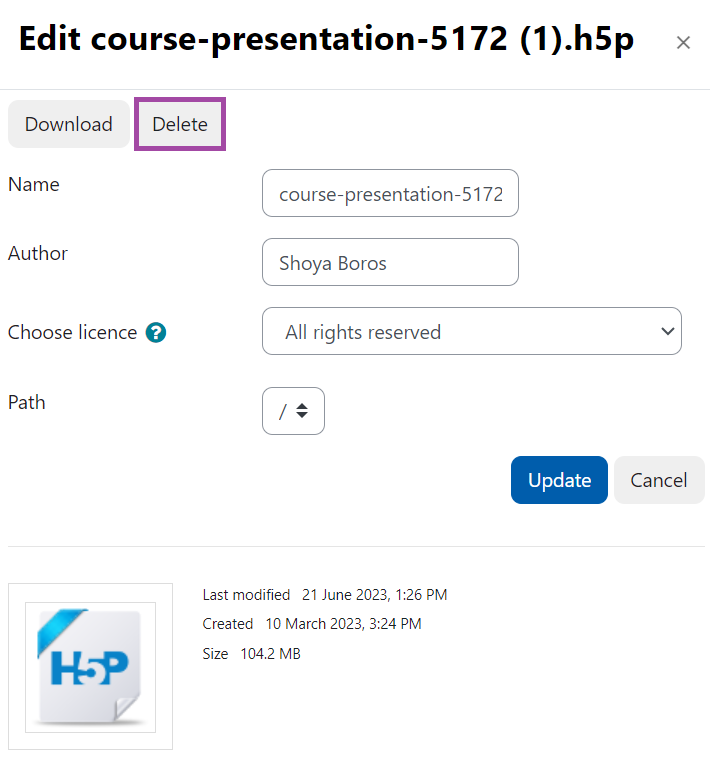 Screenshot of the display of the ‘Delete’ button (highlighted) in order to remove an H5P file from an H5P activity.
