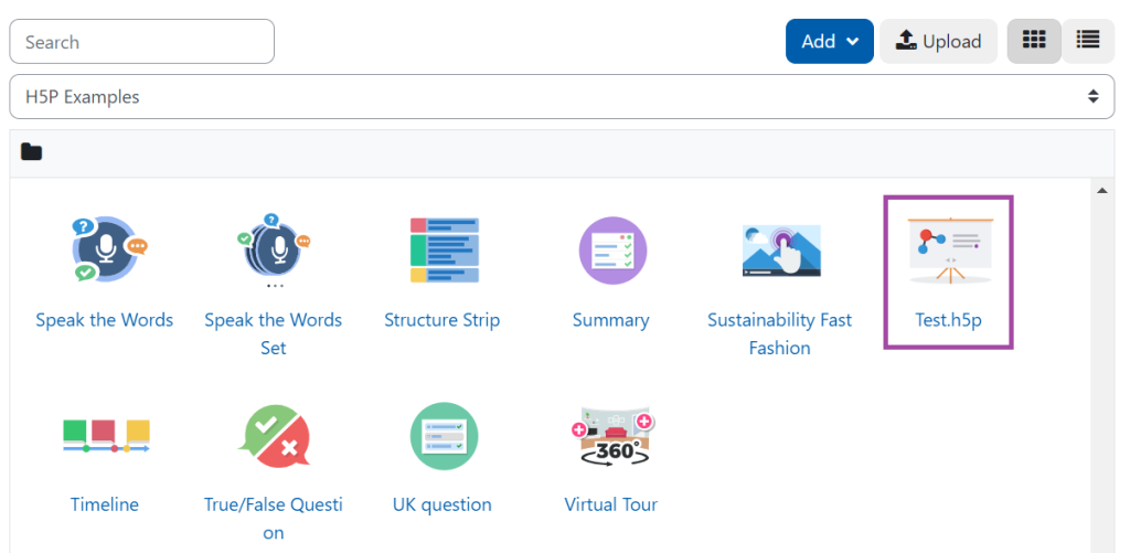 Screenshot of the display of the H5P objects in the Content bank (highlighted: 'Test Course Presentation').