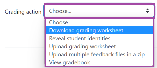 Screenshot of the 'Grading action' drop-down list (highlighted) above the Grading table of a submission point.