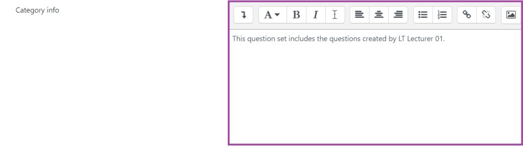 Screenshot of the display of the 'Category info' setting (highlighted) in creating a new category for a Question bank.