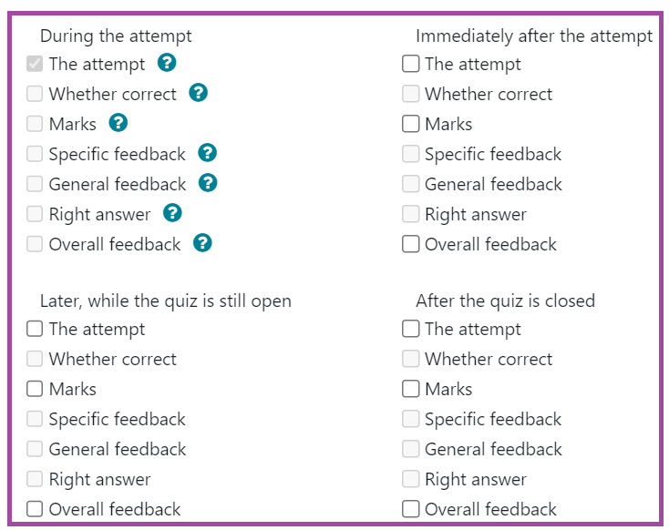 Screenshot of the display of the review options (highlighted) within a Moodle quiz.