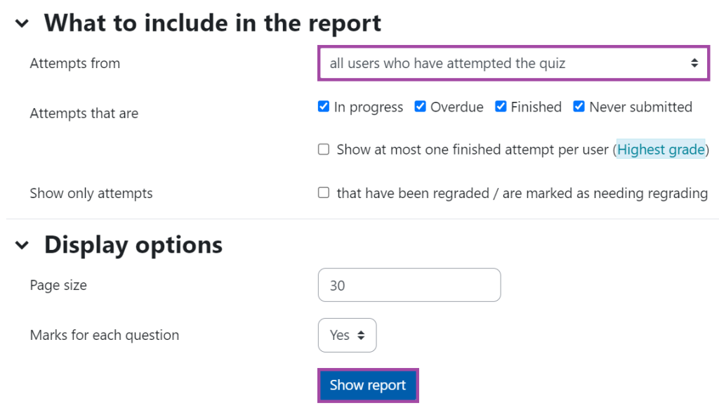 Screenshot of the display of the ‘Attempts from’ setting (highlighted) and of its drop-down menu (highlighted) under the ‘Grades’ menu.