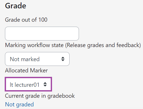 Screenshot of the 'Grade' section (highlighted: 'Allocated Marker' setting) in the Grading window of a student submission.