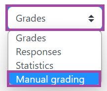 Screenshot of the display of the 'Grades' drop-down list (highlighted) under the results of a Moodle quiz.