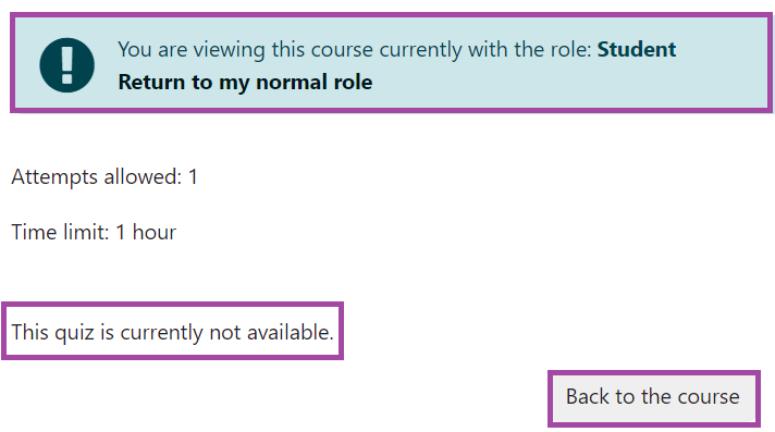 Screenshot of the display of the dashboard of a Moodle quiz, previewing it as a student (highlighted).