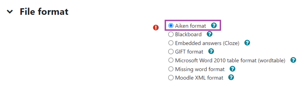 Screenshot of the listed file formats (highlighted: ‘Aiken format’) under the ‘Import’ menu of a Question bank.