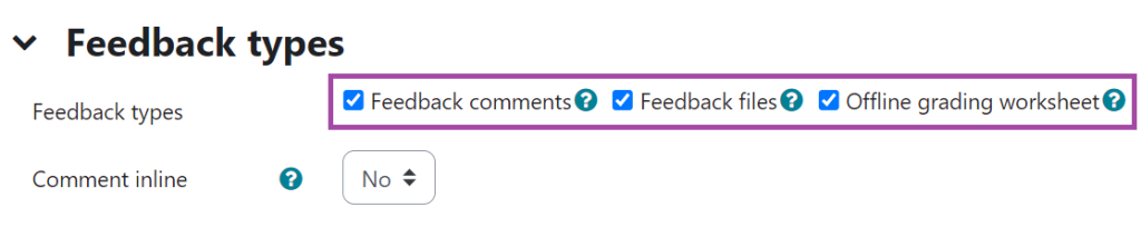 Screenshot of the 'feedback types' setting (highlighted) under a submission point.