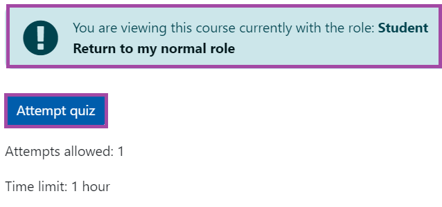 Screenshot of the display of the dashboard of a Moodle quiz, previewing it as a student (highlighted).
