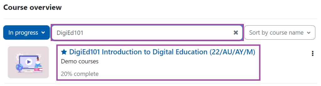 Screenshot of the ‘Course overview’ section (highlighted) on the Moodle Dashboard.