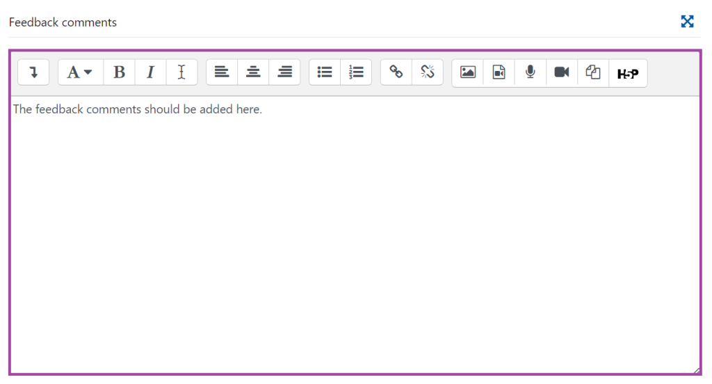 Screenshot of the 'Feedback comments' box (highlighted) in the Grading window of a student submission.