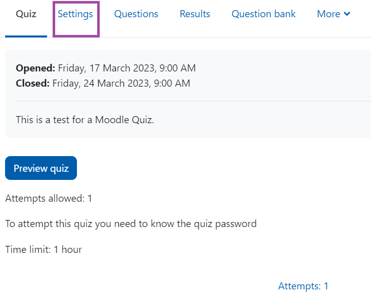 Screenshot of the dashboard of a ‘Quiz’ activity (highlighted: 'Settings') on a DLE page.