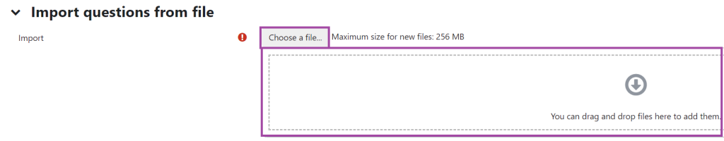 Screenshot of the display of the file picker (highlighted) under the 'Import' menu of a Question bank.